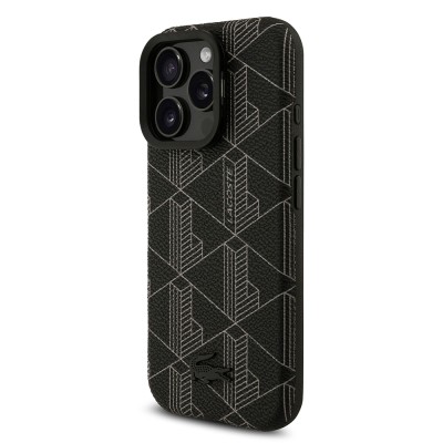 Apple iPhone 16 Pro Max Case Lacoste Original Licensed M-safe Charging Stand PU Leather Mixed Monogram Pattern Cover - 3