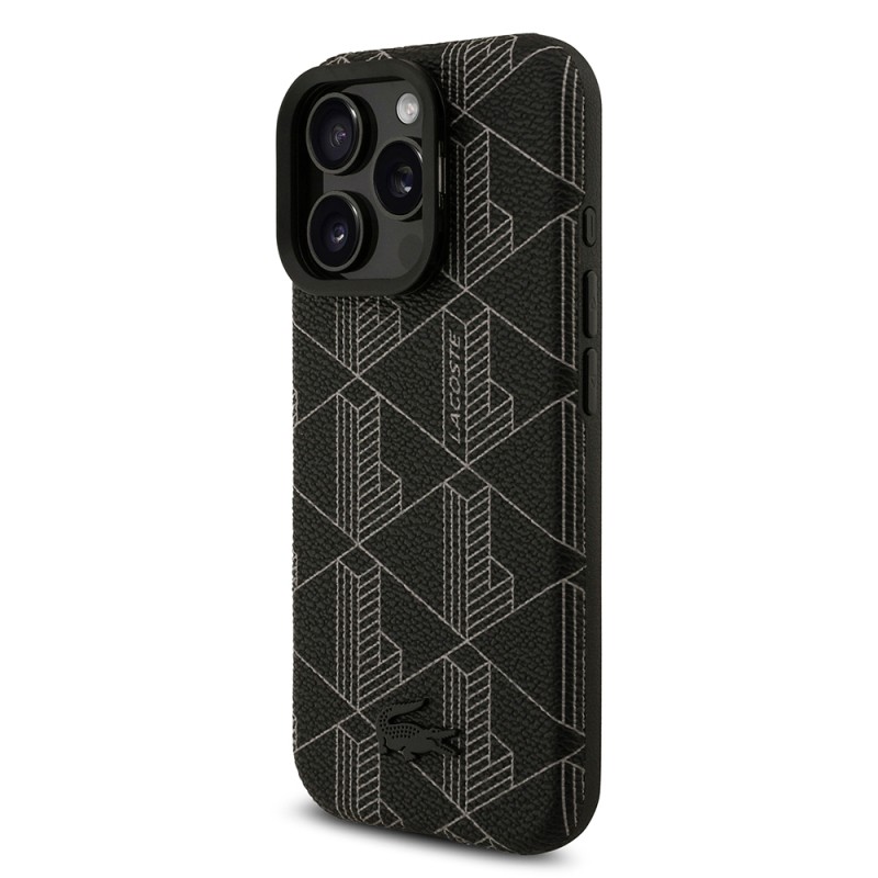 Apple iPhone 16 Pro Max Case Lacoste Original Licensed M-safe Charging Stand PU Leather Mixed Monogram Pattern Cover - 3