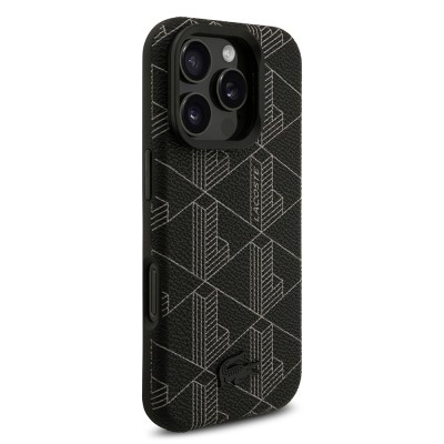 Apple iPhone 16 Pro Max Case Lacoste Original Licensed M-safe Charging Stand PU Leather Mixed Monogram Pattern Cover - 5