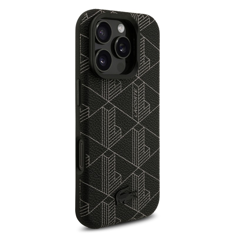 Apple iPhone 16 Pro Max Case Lacoste Original Licensed M-safe Charging Stand PU Leather Mixed Monogram Pattern Cover - 5