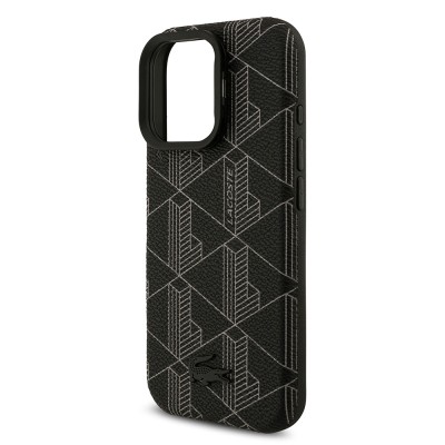 Apple iPhone 16 Pro Max Case Lacoste Original Licensed M-safe Charging Stand PU Leather Mixed Monogram Pattern Cover - 7