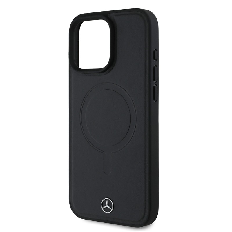 Apple iPhone 16 Pro Max Case Mercedes Benz Original Licensed M-safe Charging Feature Metal Star Logo Plain Smooth Leather Cover - 7