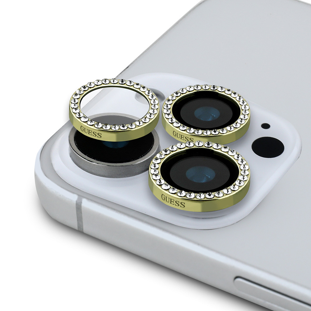 Apple iPhone 16 Pro Max Guess Orjinal Lisanslı Rhinestone Taşlı Lens Koruyucu - Gold