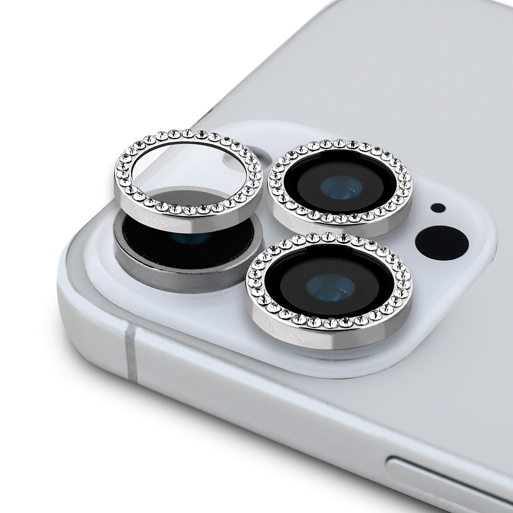 Apple iPhone 16 Pro Max Guess Orjinal Lisanslı Rhinestone Taşlı Lens Koruyucu - Gümüş