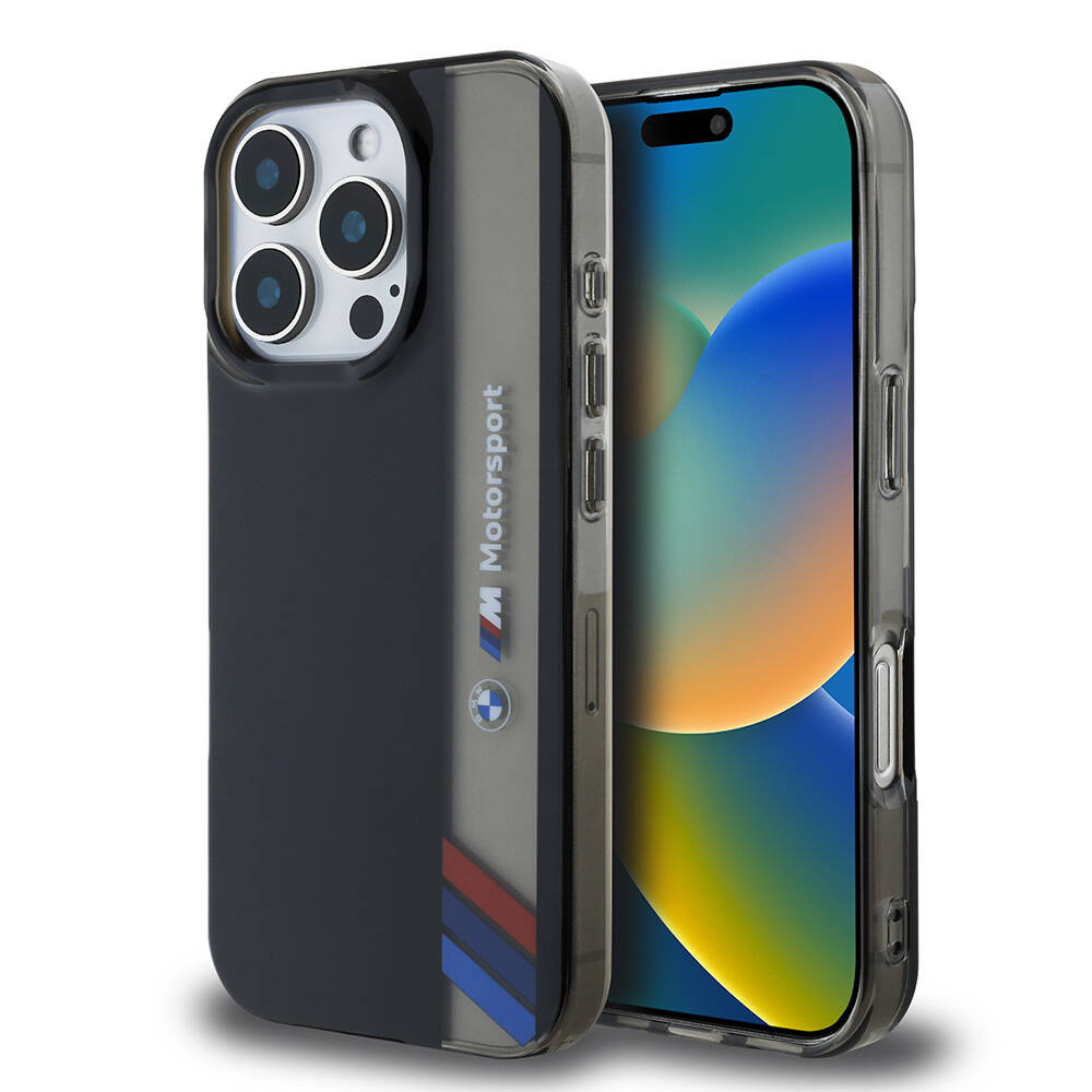 Apple iPhone 16 Pro Max Kılıf BMW Orjinal Lisanslı M Logolu Üç Renk Çizgili Motorsport Vertical Stripe Kapak - Siyah