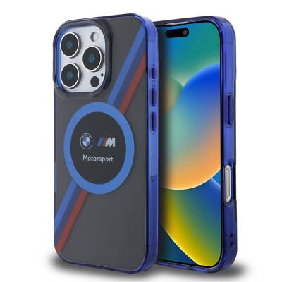 Apple iPhone 16 Pro Max Kılıf BMW Orjinal Lisanslı M-safe Şarj Özellikli M Logolu Üç Renk Çizgili Motorsport Circle Kapak Siyah