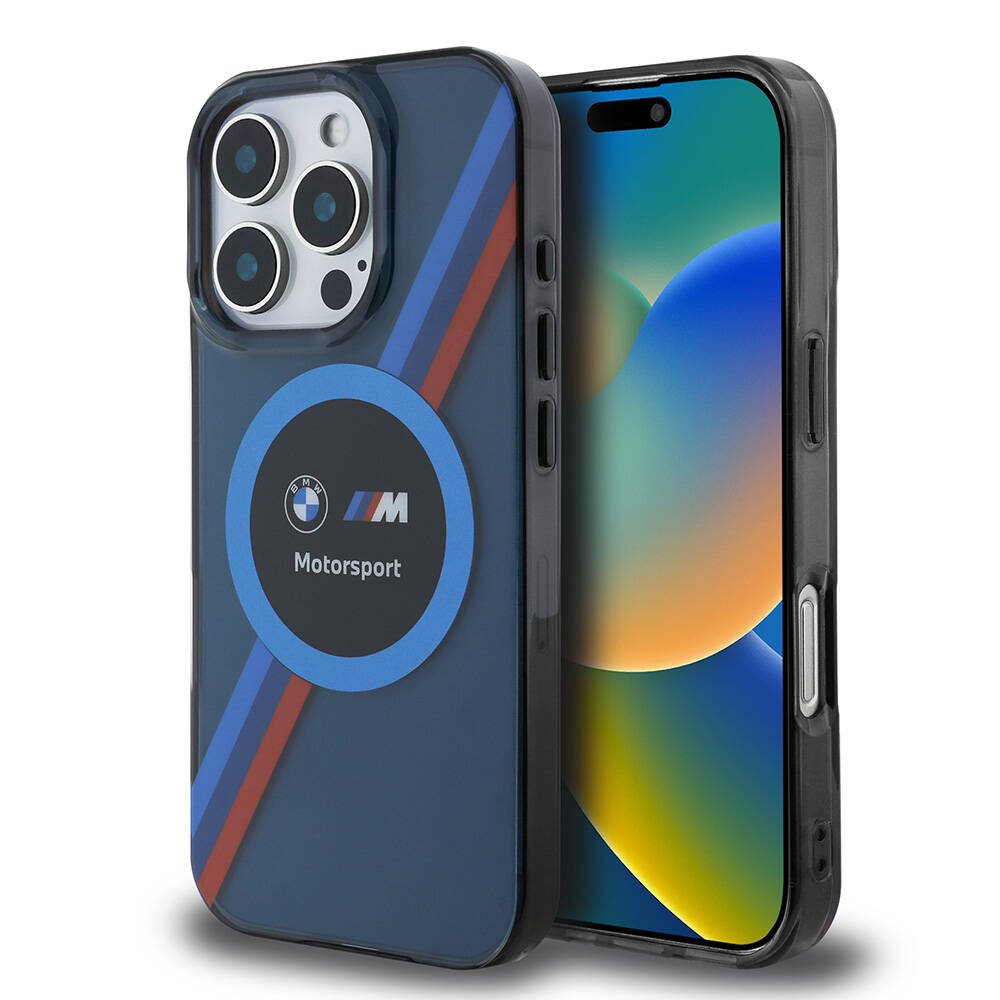 Apple iPhone 16 Pro Max Kılıf BMW Orjinal Lisanslı M-safe Şarj Özellikli M Logolu Üç Renk Çizgili Motorsport Circle Kapak - Lacivert
