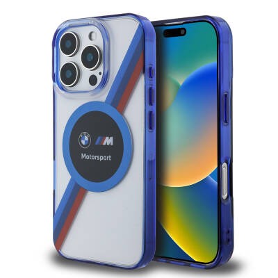 Apple iPhone 16 Pro Max Kılıf BMW Orjinal Lisanslı M-safe Şarj Özellikli M Logolu Üç Renk Çizgili Motorsport Circle Kapak Şeffaf