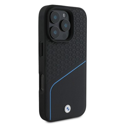 Apple iPhone 16 Pro Max Kılıf BMW Orjinal Lisanslı M-safe Şarj Özellikli Metal Logolu Dokulu ve Çizgili Deri Kapak - 6