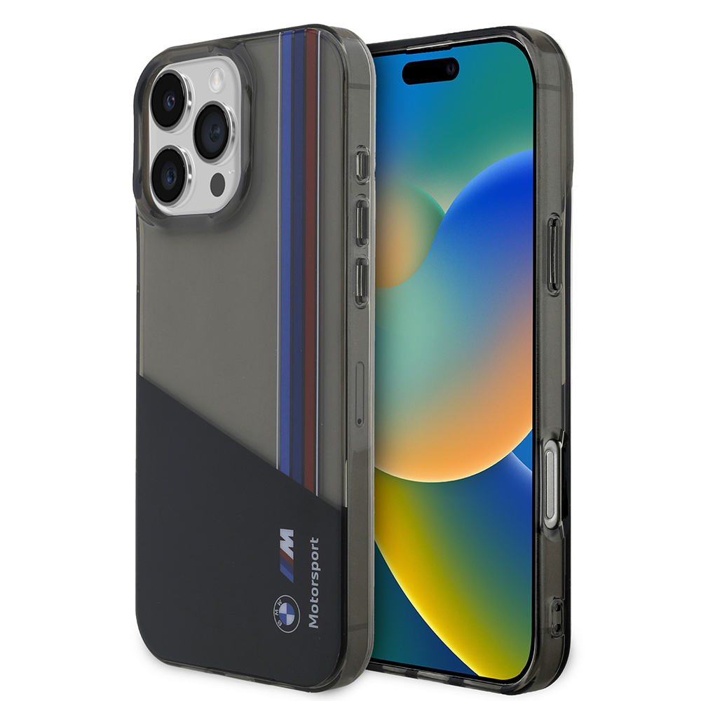 Apple iPhone 16 Pro Max Kılıf BMW Orjinal Lisanslı Yarı Transparan M Dizayn Çizgili Kapak - Siyah