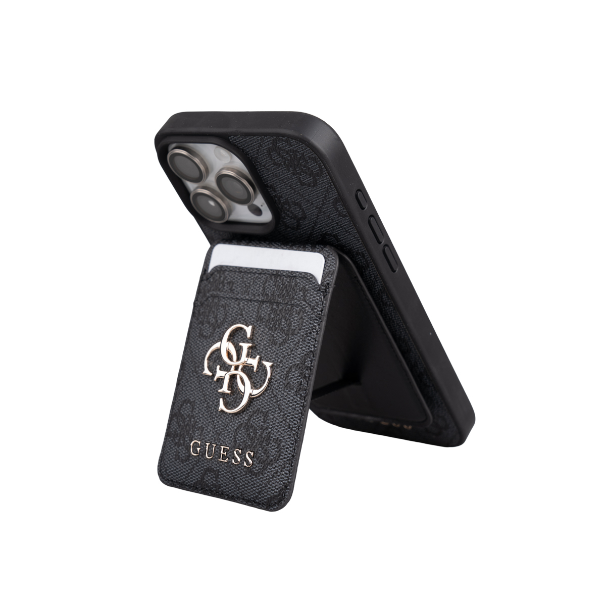 Apple iPhone 16 Pro Max Kılıf Guess Orjinal Lisanslı M-safe Şarj Özellikli 4G Metal Büyük Logolu Kartlıklı Kapak - Siyah