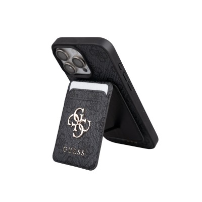 Apple iPhone 16 Pro Max Kılıf Guess Orjinal Lisanslı M-safe Şarj Özellikli 4G Metal Büyük Logolu Kartlıklı Kapak Siyah