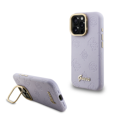 Apple iPhone 16 Pro Max Kılıf Guess Orjinal Lisanslı M-safe Şarj Özellikli Sıcak Baskılı Yazı Logolu Kamera Standlı PU Deri Peony Kapak - Guess