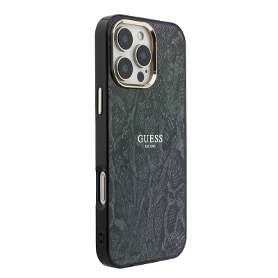 Apple iPhone 16 Pro Max Kılıf Guess Orjinal Lisanslı M-safe Şarj Özellikli Yazı Logolu Python Desenli Kapak - Guess