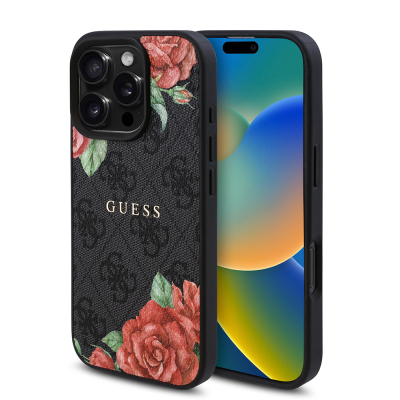 Apple iPhone 16 Pro Max Kılıf Guess Orjinal Lisanslı M-safe Şarj Özellikli Gül Baskılı 4G Desenli Yazı Logolu Kapak - Guess