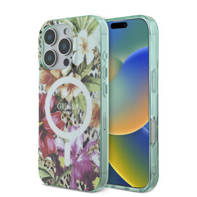 Apple iPhone 16 Pro Max Kılıf Guess Orjinal Lisanslı M-safe Şarj Özellikli IML Baskılı Jungle Ring Kapak - Guess