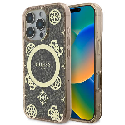 Apple iPhone 16 Pro Max Kılıf Guess Orjinal Lisanslı M-safe Şarj Özellikli IML Peony ve 4G Desenli Klasik Logolu Kapak - Guess