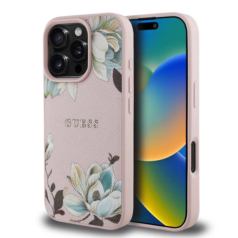 Apple iPhone 16 Pro Max Kılıf Guess Orjinal Lisanslı M-safe Şarj Özellikli Taneli Çiçek Tasarımlı Metal Yazı Logolu Kapak - 9