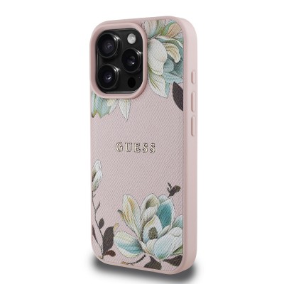 Apple iPhone 16 Pro Max Kılıf Guess Orjinal Lisanslı M-safe Şarj Özellikli Taneli Çiçek Tasarımlı Metal Yazı Logolu Kapak - 5