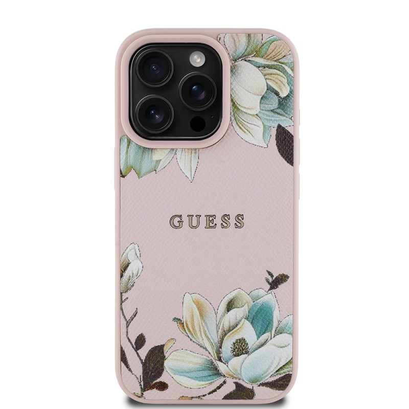 Apple iPhone 16 Pro Max Kılıf Guess Orjinal Lisanslı M-safe Şarj Özellikli Taneli Çiçek Tasarımlı Metal Yazı Logolu Kapak - 1