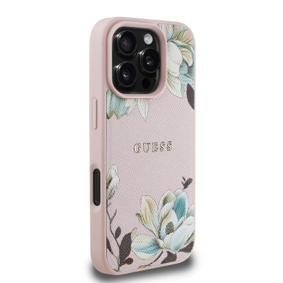 Apple iPhone 16 Pro Max Kılıf Guess Orjinal Lisanslı M-safe Şarj Özellikli Taneli Çiçek Tasarımlı Metal Yazı Logolu Kapak - 6