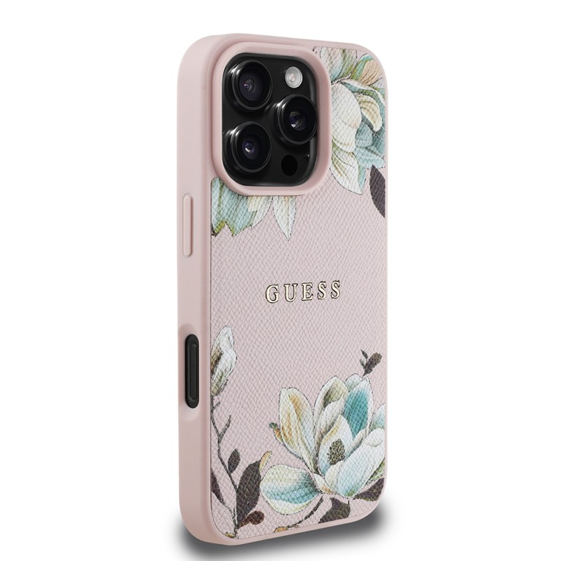 Apple iPhone 16 Pro Max Kılıf Guess Orjinal Lisanslı M-safe Şarj Özellikli Taneli Çiçek Tasarımlı Metal Yazı Logolu Kapak - 6