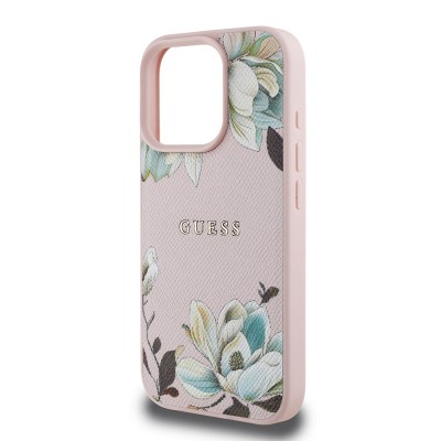 Apple iPhone 16 Pro Max Kılıf Guess Orjinal Lisanslı M-safe Şarj Özellikli Taneli Çiçek Tasarımlı Metal Yazı Logolu Kapak - 7