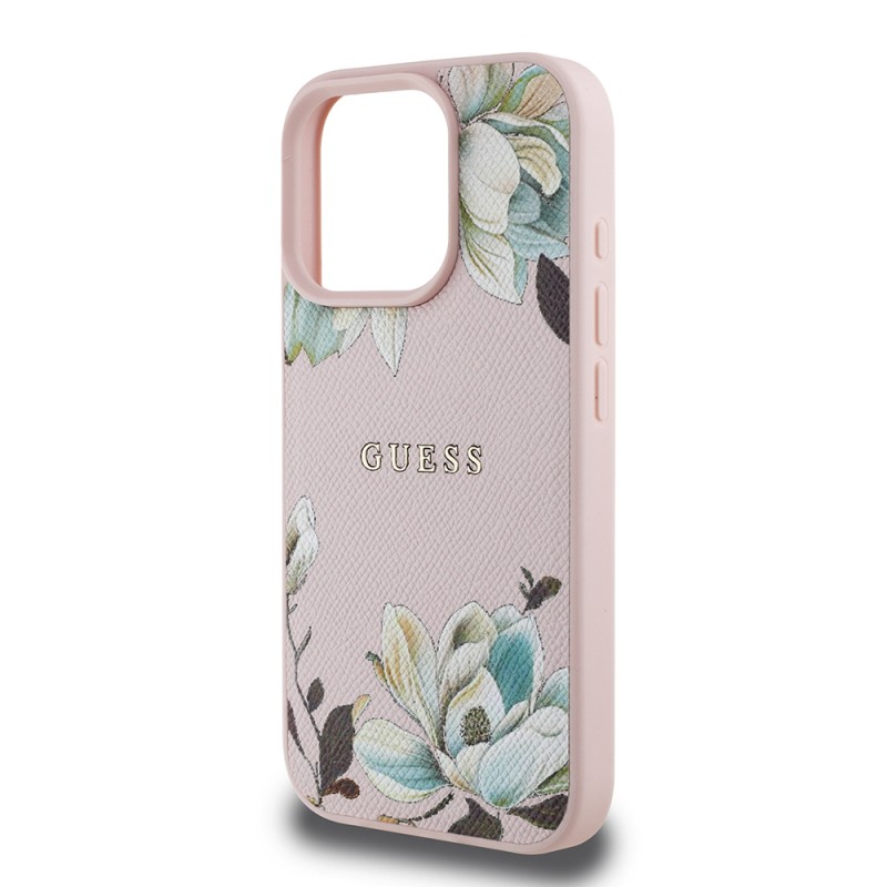 Apple iPhone 16 Pro Max Kılıf Guess Orjinal Lisanslı M-safe Şarj Özellikli Taneli Çiçek Tasarımlı Metal Yazı Logolu Kapak - 7