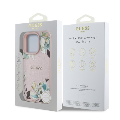 Apple iPhone 16 Pro Max Kılıf Guess Orjinal Lisanslı M-safe Şarj Özellikli Taneli Çiçek Tasarımlı Metal Yazı Logolu Kapak - 11
