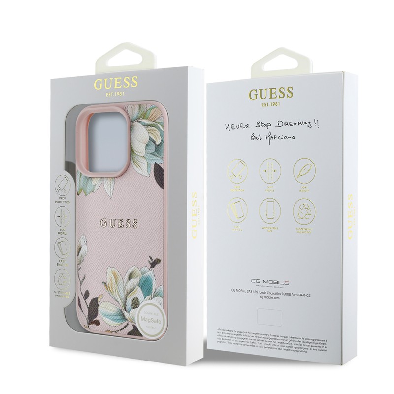 Apple iPhone 16 Pro Max Kılıf Guess Orjinal Lisanslı M-safe Şarj Özellikli Taneli Çiçek Tasarımlı Metal Yazı Logolu Kapak - 11