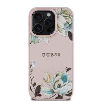Apple iPhone 16 Pro Max Kılıf Guess Orjinal Lisanslı M-safe Şarj Özellikli Taneli Çiçek Tasarımlı Metal Yazı Logolu Kapak Pembe