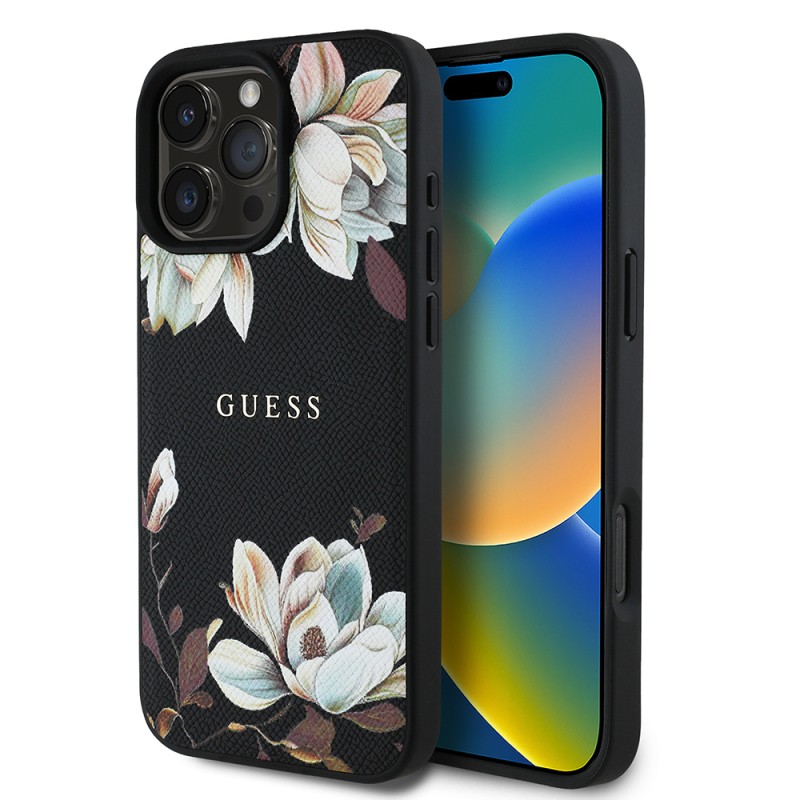 Apple iPhone 16 Pro Max Kılıf Guess Orjinal Lisanslı M-safe Şarj Özellikli Taneli Çiçek Tasarımlı Metal Yazı Logolu Kapak - 16