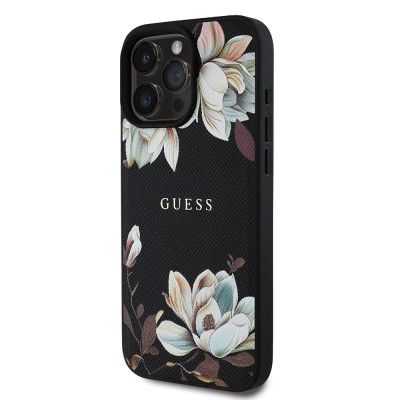 Apple iPhone 16 Pro Max Kılıf Guess Orjinal Lisanslı M-safe Şarj Özellikli Taneli Çiçek Tasarımlı Metal Yazı Logolu Kapak - 13