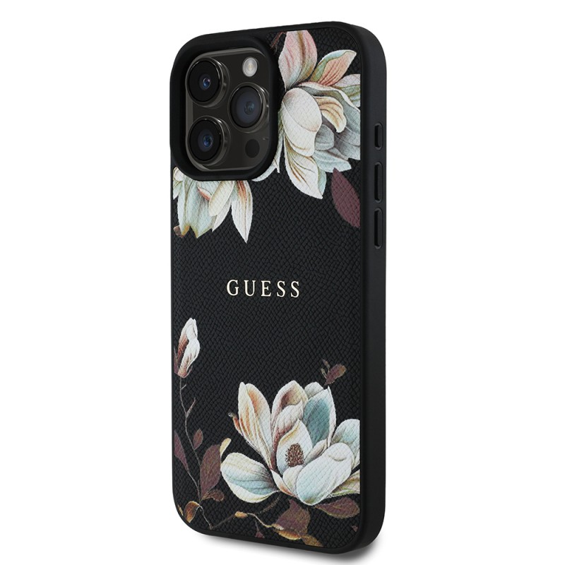 Apple iPhone 16 Pro Max Kılıf Guess Orjinal Lisanslı M-safe Şarj Özellikli Taneli Çiçek Tasarımlı Metal Yazı Logolu Kapak - 13