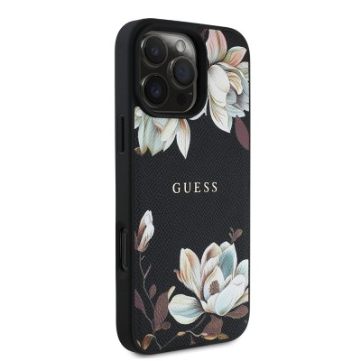 Apple iPhone 16 Pro Max Kılıf Guess Orjinal Lisanslı M-safe Şarj Özellikli Taneli Çiçek Tasarımlı Metal Yazı Logolu Kapak - 12