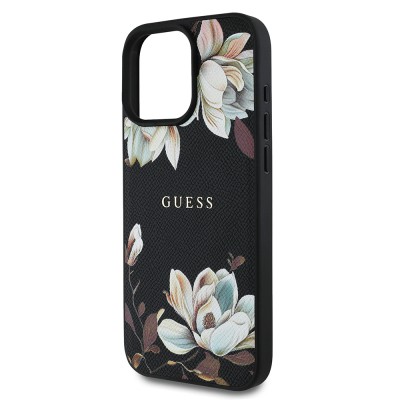 Apple iPhone 16 Pro Max Kılıf Guess Orjinal Lisanslı M-safe Şarj Özellikli Taneli Çiçek Tasarımlı Metal Yazı Logolu Kapak - 14
