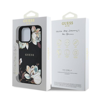 Apple iPhone 16 Pro Max Kılıf Guess Orjinal Lisanslı M-safe Şarj Özellikli Taneli Çiçek Tasarımlı Metal Yazı Logolu Kapak - 18