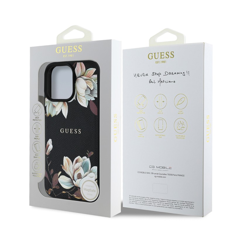 Apple iPhone 16 Pro Max Kılıf Guess Orjinal Lisanslı M-safe Şarj Özellikli Taneli Çiçek Tasarımlı Metal Yazı Logolu Kapak - 18