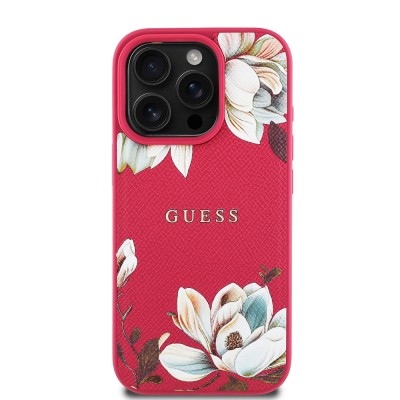 Apple iPhone 16 Pro Max Kılıf Guess Orjinal Lisanslı M-safe Şarj Özellikli Taneli Çiçek Tasarımlı Metal Yazı Logolu Kapak Kırmızı