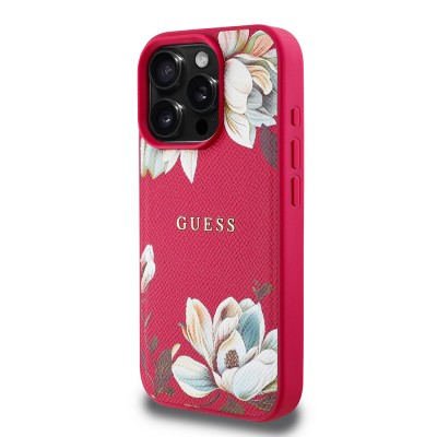 Apple iPhone 16 Pro Max Kılıf Guess Orjinal Lisanslı M-safe Şarj Özellikli Taneli Çiçek Tasarımlı Metal Yazı Logolu Kapak - 19