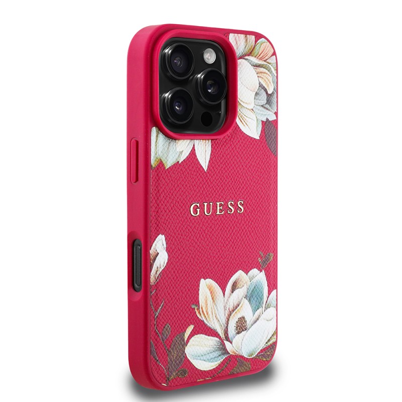 Apple iPhone 16 Pro Max Kılıf Guess Orjinal Lisanslı M-safe Şarj Özellikli Taneli Çiçek Tasarımlı Metal Yazı Logolu Kapak - 20