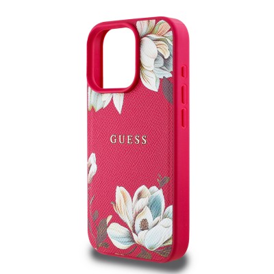 Apple iPhone 16 Pro Max Kılıf Guess Orjinal Lisanslı M-safe Şarj Özellikli Taneli Çiçek Tasarımlı Metal Yazı Logolu Kapak - 21