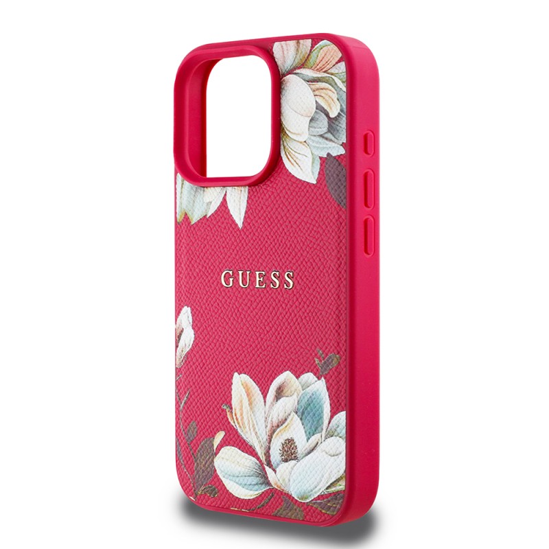 Apple iPhone 16 Pro Max Kılıf Guess Orjinal Lisanslı M-safe Şarj Özellikli Taneli Çiçek Tasarımlı Metal Yazı Logolu Kapak - 21