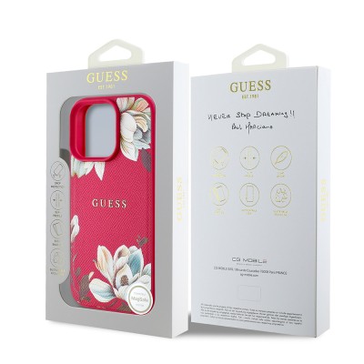 Apple iPhone 16 Pro Max Kılıf Guess Orjinal Lisanslı M-safe Şarj Özellikli Taneli Çiçek Tasarımlı Metal Yazı Logolu Kapak - 25