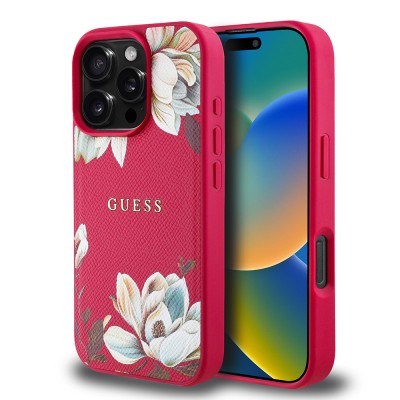 Apple iPhone 16 Pro Max Kılıf Guess Orjinal Lisanslı M-safe Şarj Özellikli Taneli Çiçek Tasarımlı Metal Yazı Logolu Kapak - 24