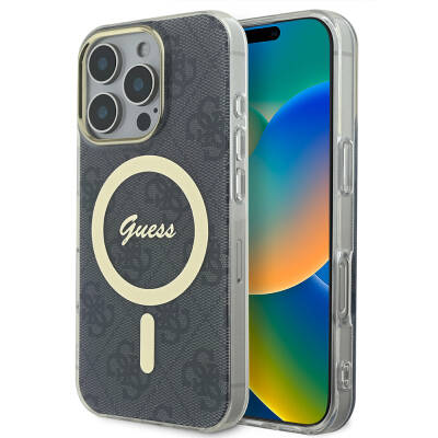 Apple iPhone 16 Pro Max Kılıf Guess Orjinal Lisanslı M-safe Şarj Özellikli Yazı Logolu 4G Desenli Kapak - Guess