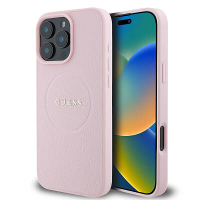 Apple iPhone 16 Pro Max Kılıf Guess Orjinal Lisanslı M-safe Şarj Özellikli Yazı Logolu Grained Kapak - Guess