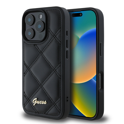 Apple iPhone 16 Pro Max Kılıf Guess Orjinal Lisanslı PU Deri Metal Yazı Logolu Kapitone Kapak - Guess