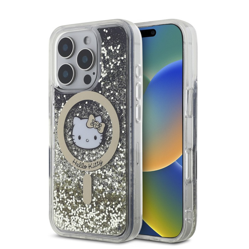 Apple iPhone 16 Pro Max Kılıf Hello Kitty Orjinal Lisanslı M-safe Şarj Özellikli IML Baskı Kitty Head Logolu Sıvılı Simli Altın Ateşi Kapak - 2