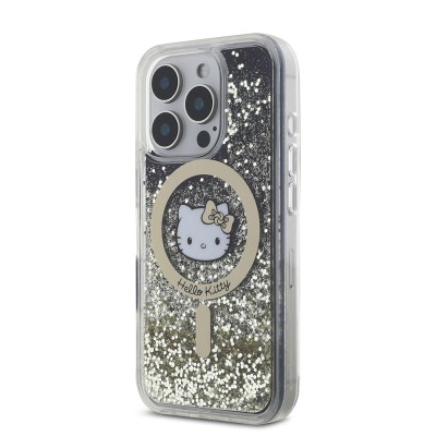 Apple iPhone 16 Pro Max Kılıf Hello Kitty Orjinal Lisanslı M-safe Şarj Özellikli IML Baskı Kitty Head Logolu Sıvılı Simli Altın Ateşi Kapak - 3
